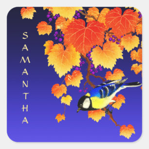 Fall Grape Vine Great Tit Bird Orange Leaves Blue Square Sticker