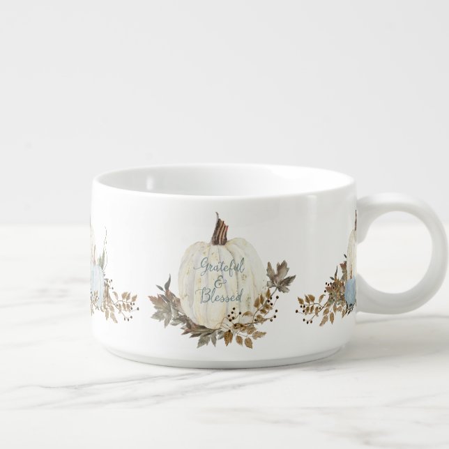 Fall Grateful and Blessed Blue White Pumpkin leaf Bowl (Left)