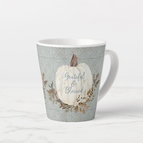 Fall Grateful and Blessed Dusty Blue White Pumpkin Latte Mug