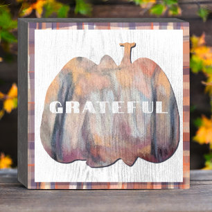 Fall grateful watercolor pumpkin orange white gray wooden box sign