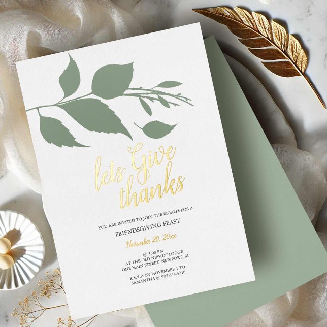 Fall Green and White Friends Giving Foil Invitation (Thanksgiving invitations gold foil and sage green leaves by Victoria Grigaliunas Do Tell A Belle)