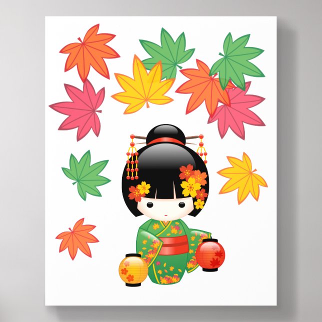 Fall Green Kimono Kokeshi Doll Maple Leaves Acrylic Photo Tile (Front Set)