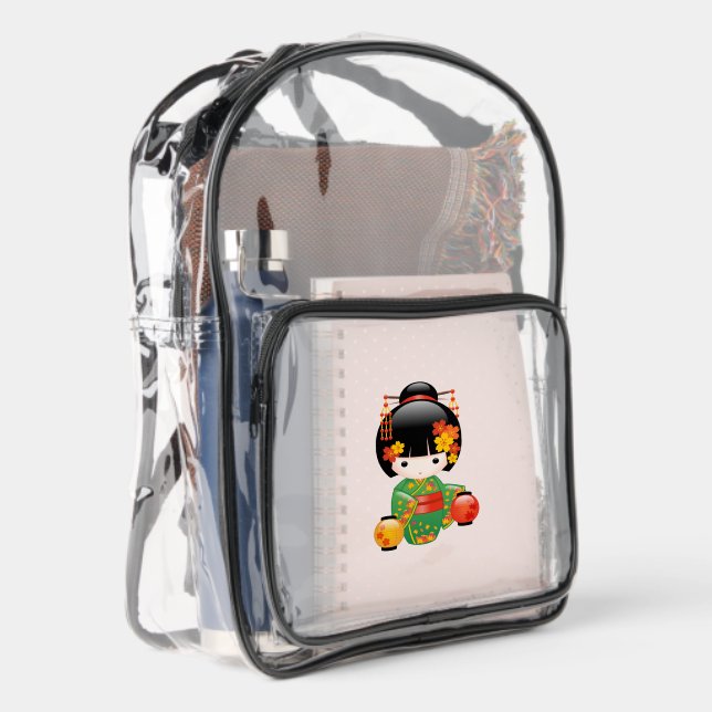 Fall Green Kimono Kokeshi Doll Maple Leaves Clear Backpack (Right)