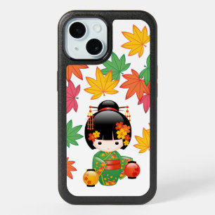 Fall Green Kimono Kokeshi Doll Maple Leaves iPhone 15 Case