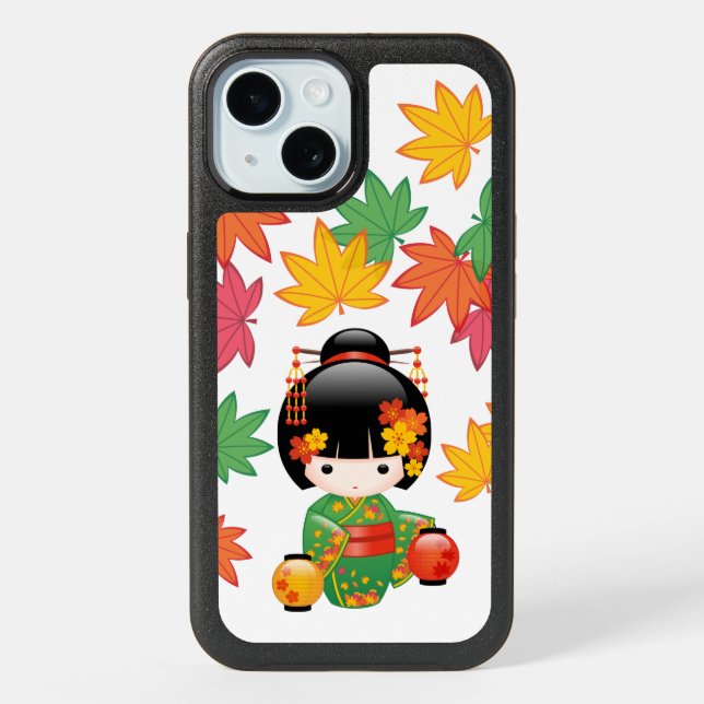 Fall Green Kimono Kokeshi Doll Maple Leaves iPhone 15 Case (Back)