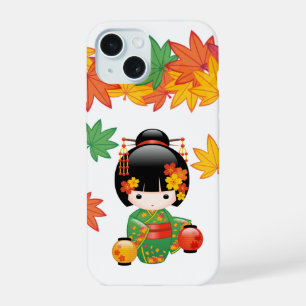 Fall Green Kimono Kokeshi Doll Maple Leaves iPhone 15 Case