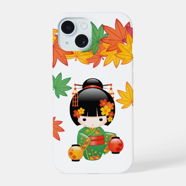 Fall Green Kimono Kokeshi Doll Maple Leaves iPhone 15 Case (Back)