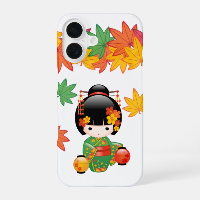 Fall Green Kimono Kokeshi Doll Maple Leaves iPhone Case (Back)