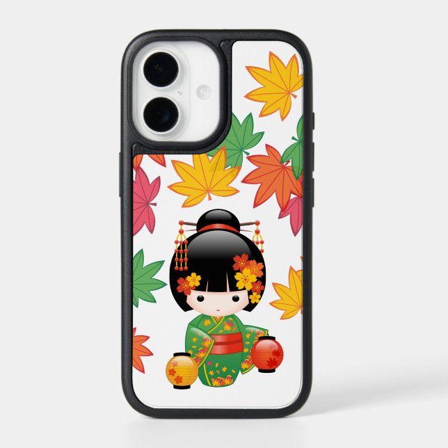Fall Green Kimono Kokeshi Doll Maple Leaves Otterbox iPhone Case (Back)