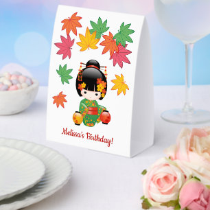 Fall Green Kimono Kokeshi Doll Maple Leaves Paper Table Tent