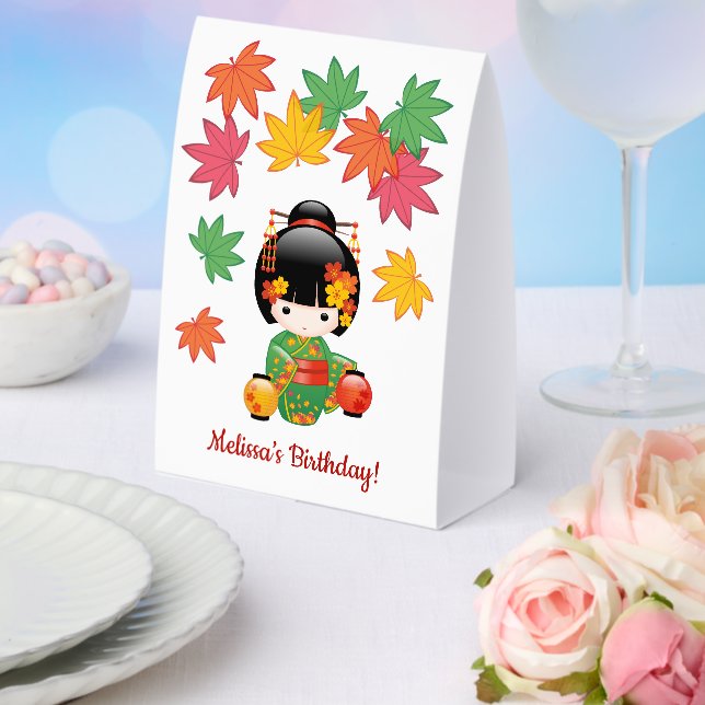 Fall Green Kimono Kokeshi Doll Maple Leaves Paper Table Tent (Insitu(Wedding))