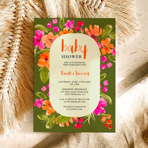 Fall green orange pink floral script baby shower invitation