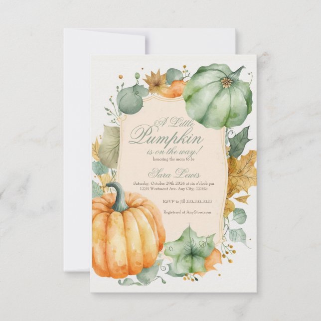 Fall Green pumpkin baby shower invitation (Front)