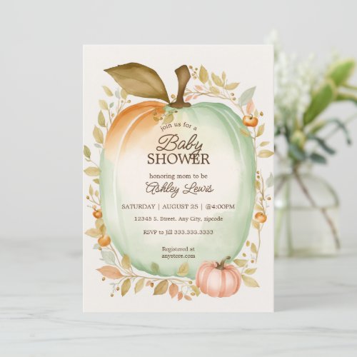 Fall green pumpkin baby shower watercolor pumpkin invitation