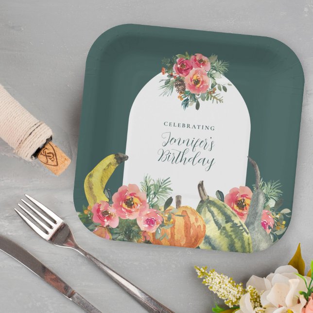 Fall Green Pumpkins Pink Floral Birthday Party Paper Plates (Creator Uploaded)