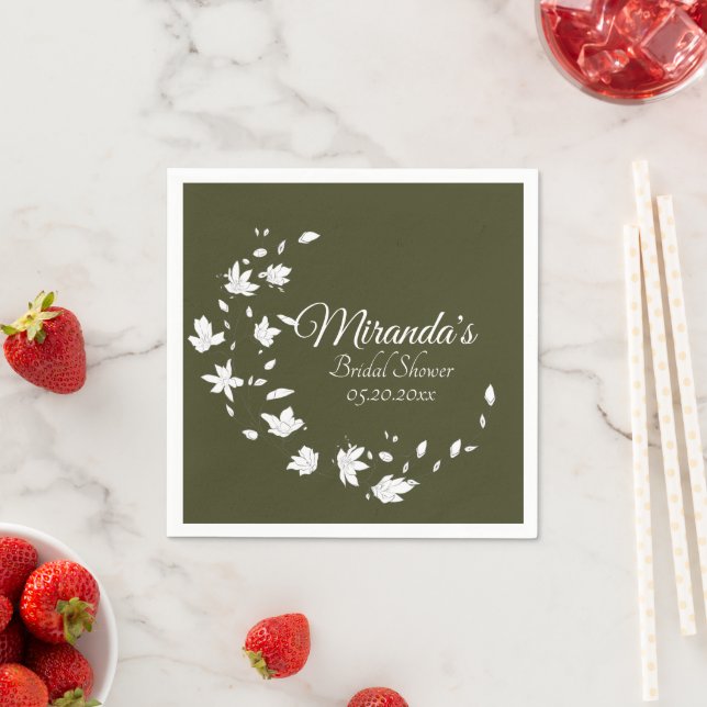 Fall Green & White Floral Bridal Shower Paper  Napkins (Insitu)