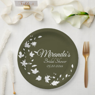 Fall Green & White Floral Bridal Shower Paper Plates