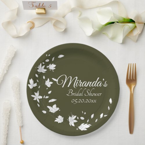 Fall Green  White Floral Bridal Shower  Paper Plates