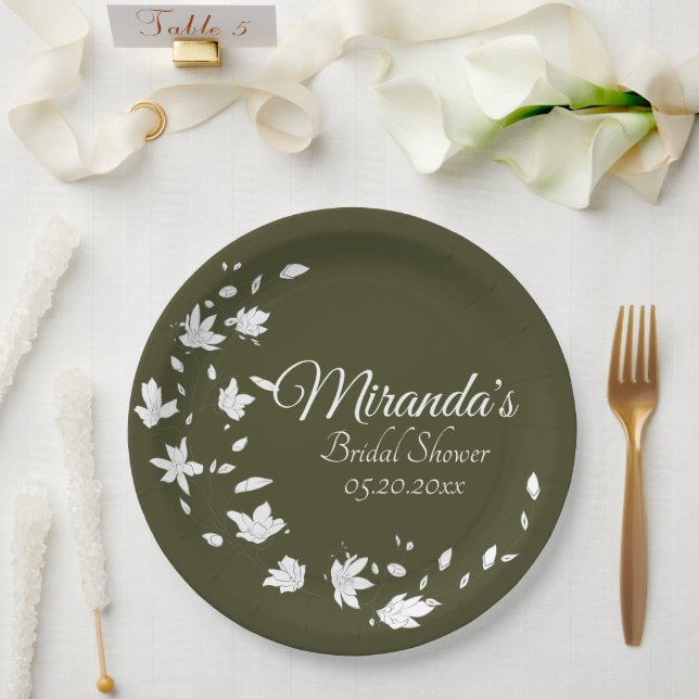 Fall Green & White Floral Bridal Shower  Paper Plates (Wedding)