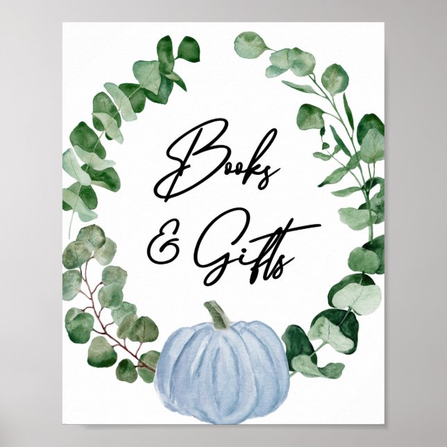 Fall Greenery Blue Pumpkin Books and Gifts Sign (Front)