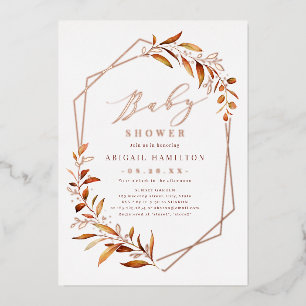 Fall Greenery Geometric Rustic Baby Shower Foil Invitation