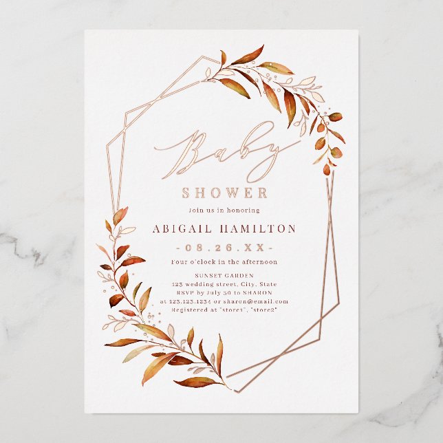 Fall Greenery Geometric Rustic Baby Shower Foil Invitation (Front)