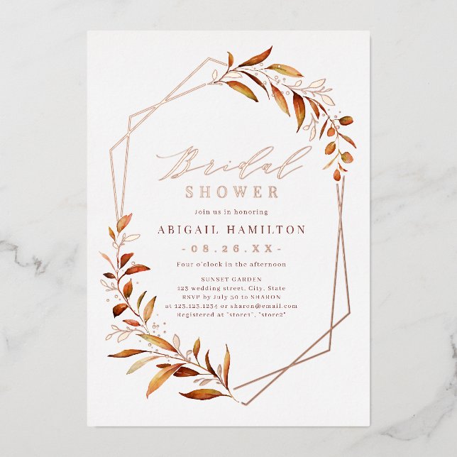 Fall Greenery Geometric Rustic Bridal Shower Foil Invitation (Front)
