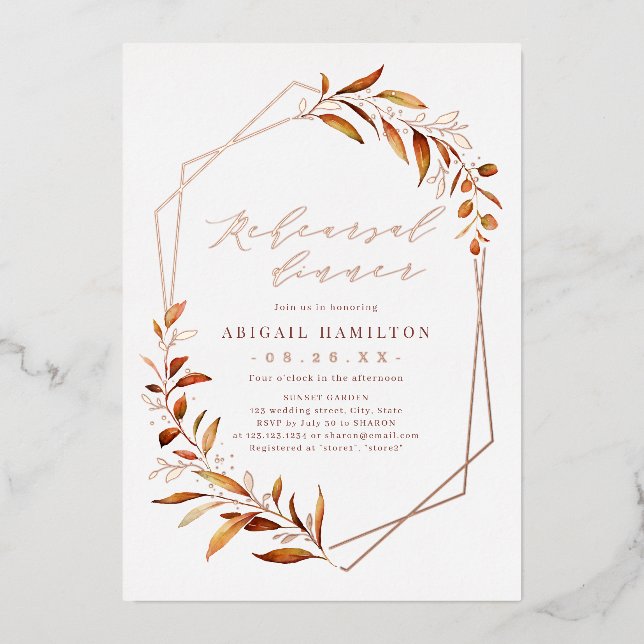 Fall Greenery Geometric Rustic Rehearsal Dinner Foil Invitation (Front)
