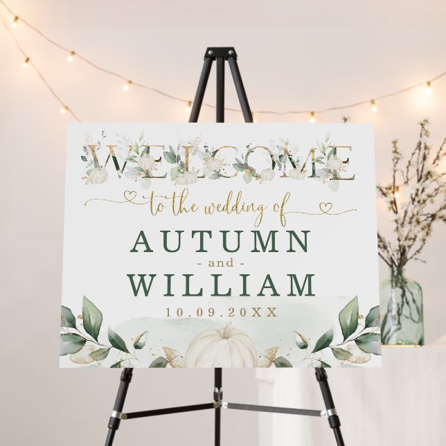 Fall Greenery Gold Pumpkin Wedding Party Welcome Foam Board (In Situ (Stand))