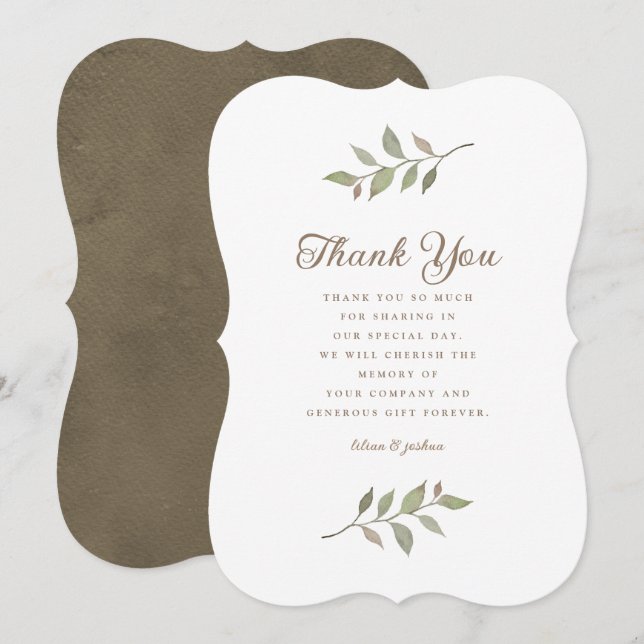 Fall Greenery Minimalist Botanical Wedding Thank You Card (Front/Back)