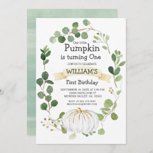 Fall Greenery Pumpkin Boy First Birthday Invitation