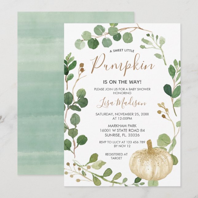 Fall Greenery Pumpkin  is on the Way Baby Shower  Invitation (Front/Back)