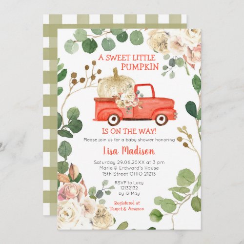 Fall Greenery Red Pumpkin Truck Baby Shower Girl  Invitation