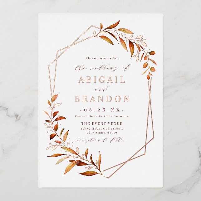 Fall Greenery Rose Gold Geometric Rustic Wedding Foil Invitation (Front)