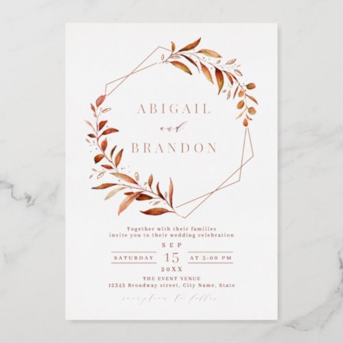Fall Greenery Rose Gold Geometric Rustic Wedding Foil Invitation