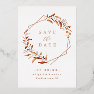 Fall Greenery Rose Gold Geometric Save the date Foil Invitation