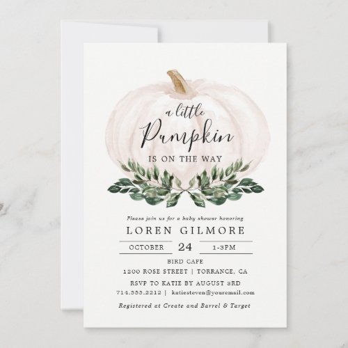 Fall Greenery White Pumpkin Baby Shower Invitation