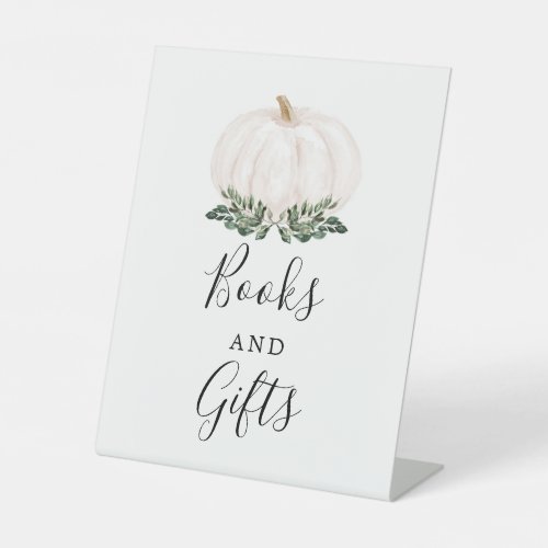 Fall Greenery White Pumpkin Books and Gifts Pedestal Sign