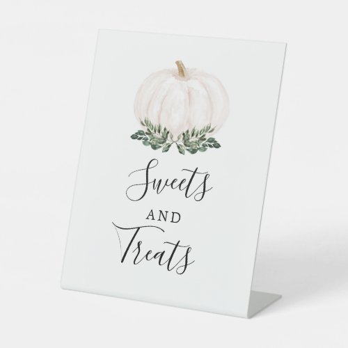 Fall Greenery White Pumpkin Sweets and Treats Pedestal Sign
