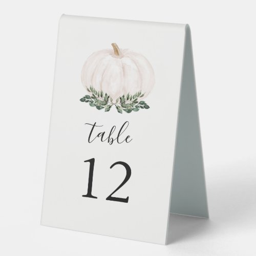 Fall Greenery White Pumpkin Table Number Pedestal  Table Tent Sign