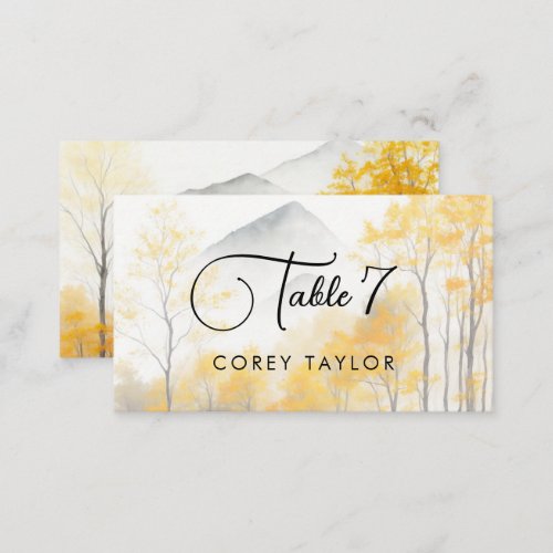 Fall Grey Mountains Yellow Trees Wedding  Place Card