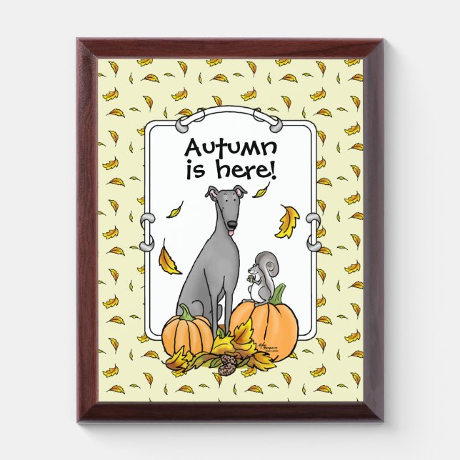 Fall Greyhound (gray) Dog Pumpkins Leaves Funny Award Plaque (Vertical)