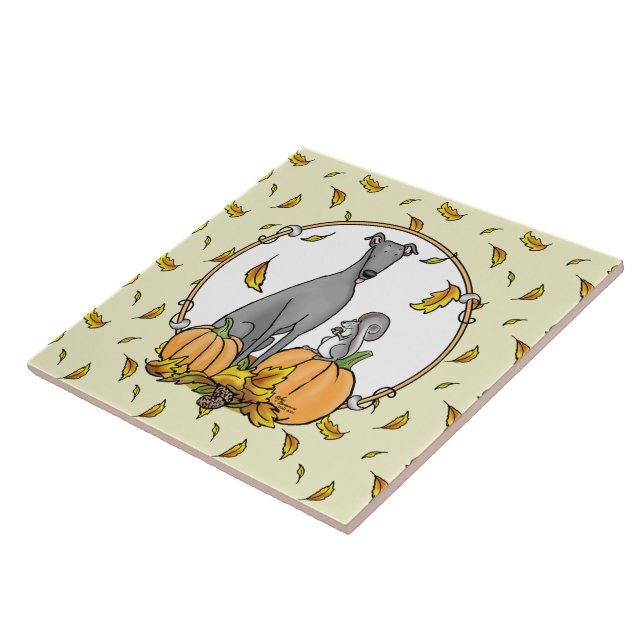 Fall Greyhound (gray) Dog Pumpkins Leaves Funny Ceramic Tile (Side)