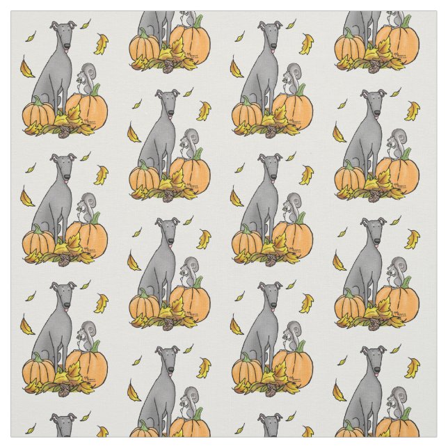 Fall Greyhound (gray) Dog Pumpkins Leaves Funny Fabric (Swatch)