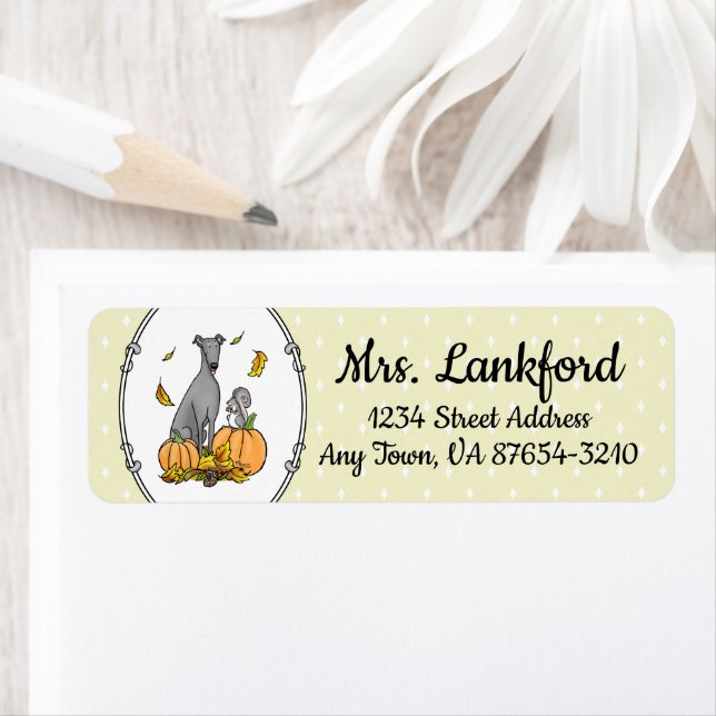 Fall Greyhound (gray) Dog Pumpkins Leaves Funny Label (Insitu)