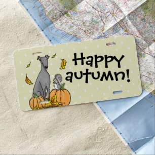 Fall Greyhound (gray) Dog Pumpkins Leaves Funny License Plate