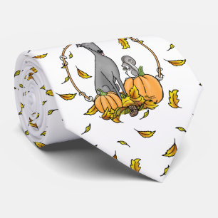 Fall Greyhound (gray) Dog Pumpkins Leaves Funny Neck Tie