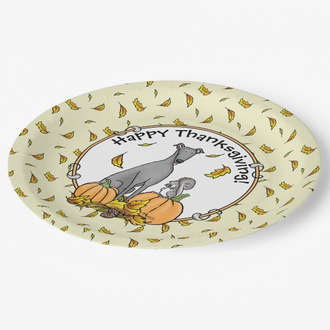 Fall Greyhound (gray) Dog Pumpkins Leaves Funny Paper Plates (Angled)