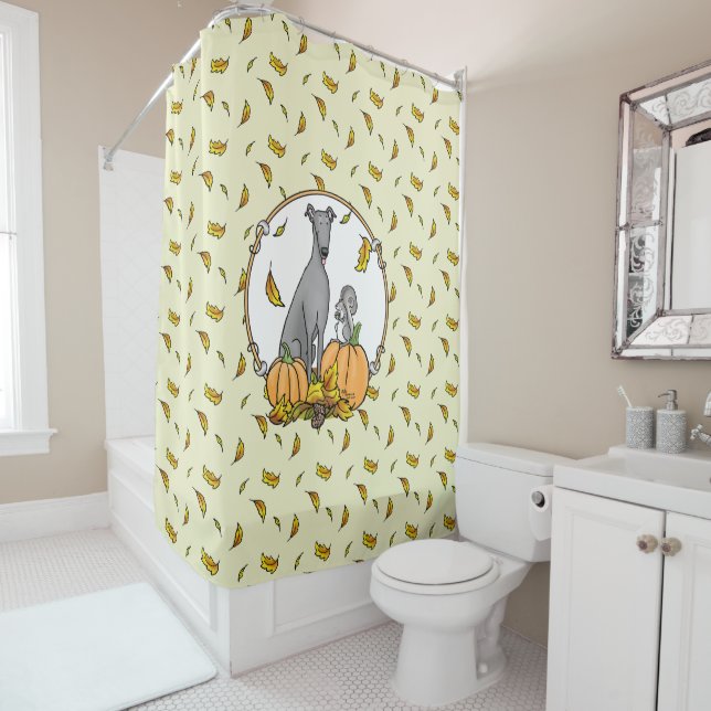 Fall Greyhound (gray) Dog Pumpkins Leaves Funny Shower Curtain (In Situ)