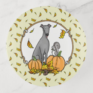 Fall Greyhound (gray) Dog Pumpkins Leaves Funny Trinket Tray